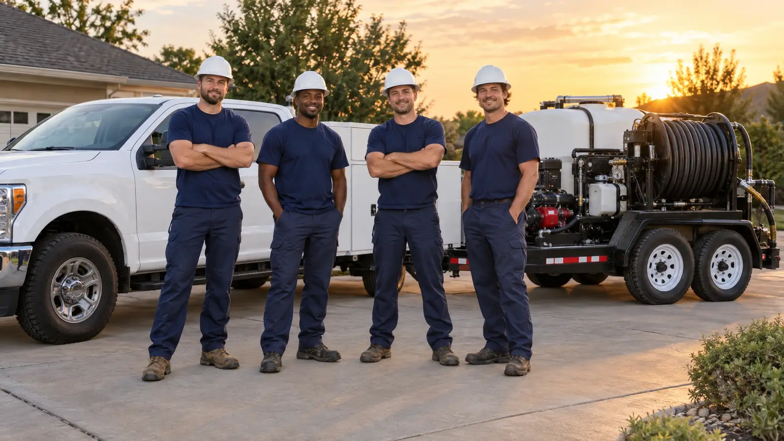 Four drain technicians in navy uniforms and hard hats standing in front of a white truck with a hose reel