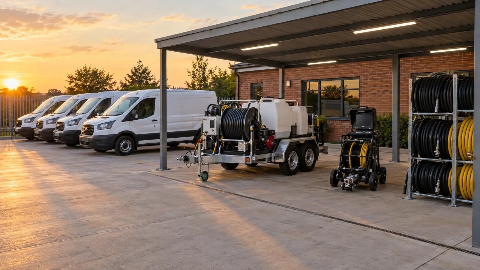 A tidy service yard with white drain service trucks, hose reels and equipment racks under a covered bay