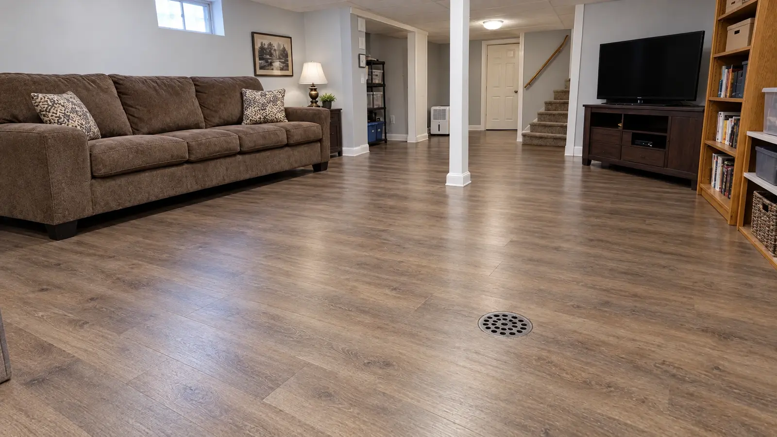 After: Sewer backup recovery | Music City Drain After: a finished basement with a clean, dry room with the line fixed