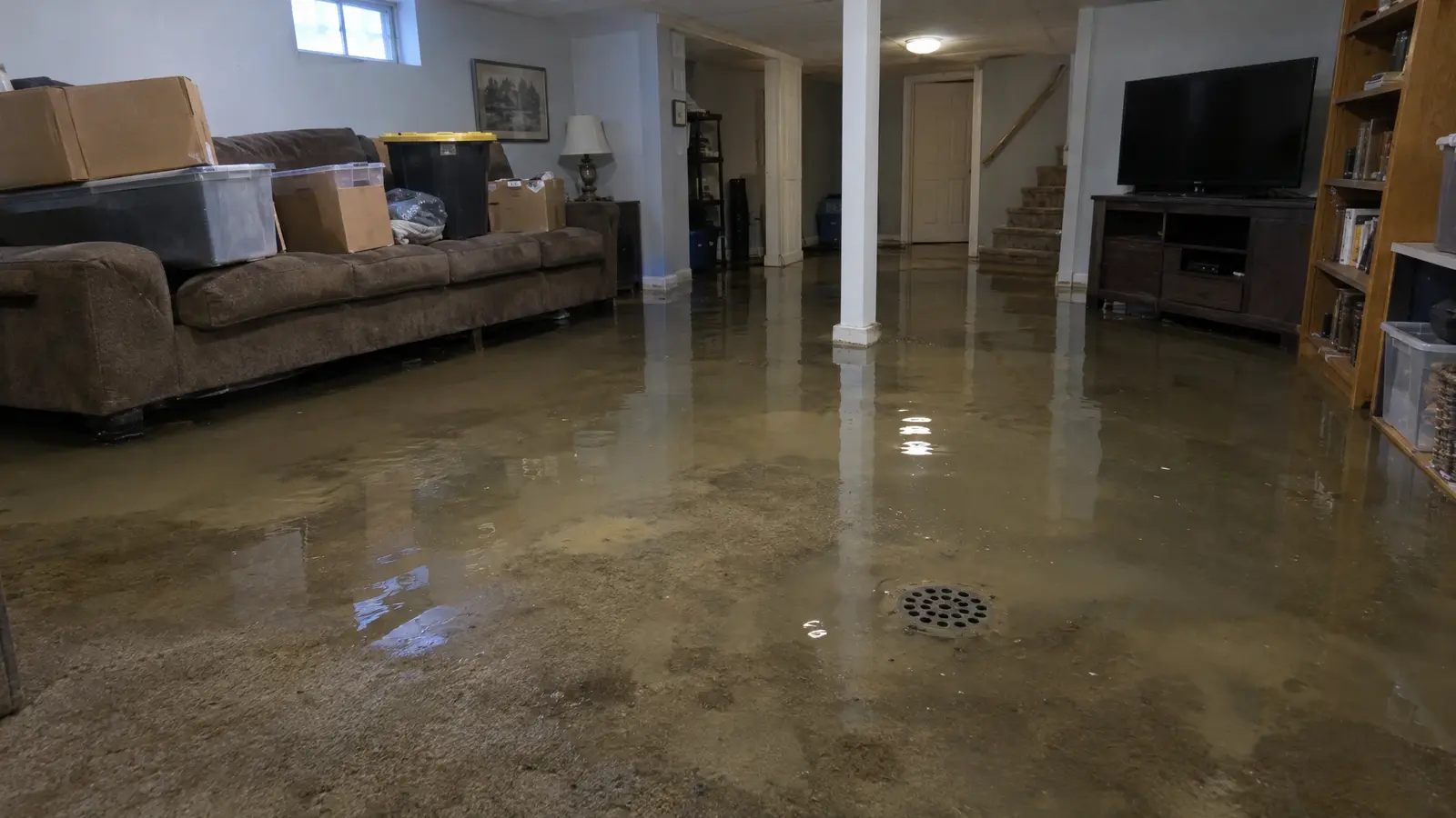 Before: a finished basement with several inches of backed-up water