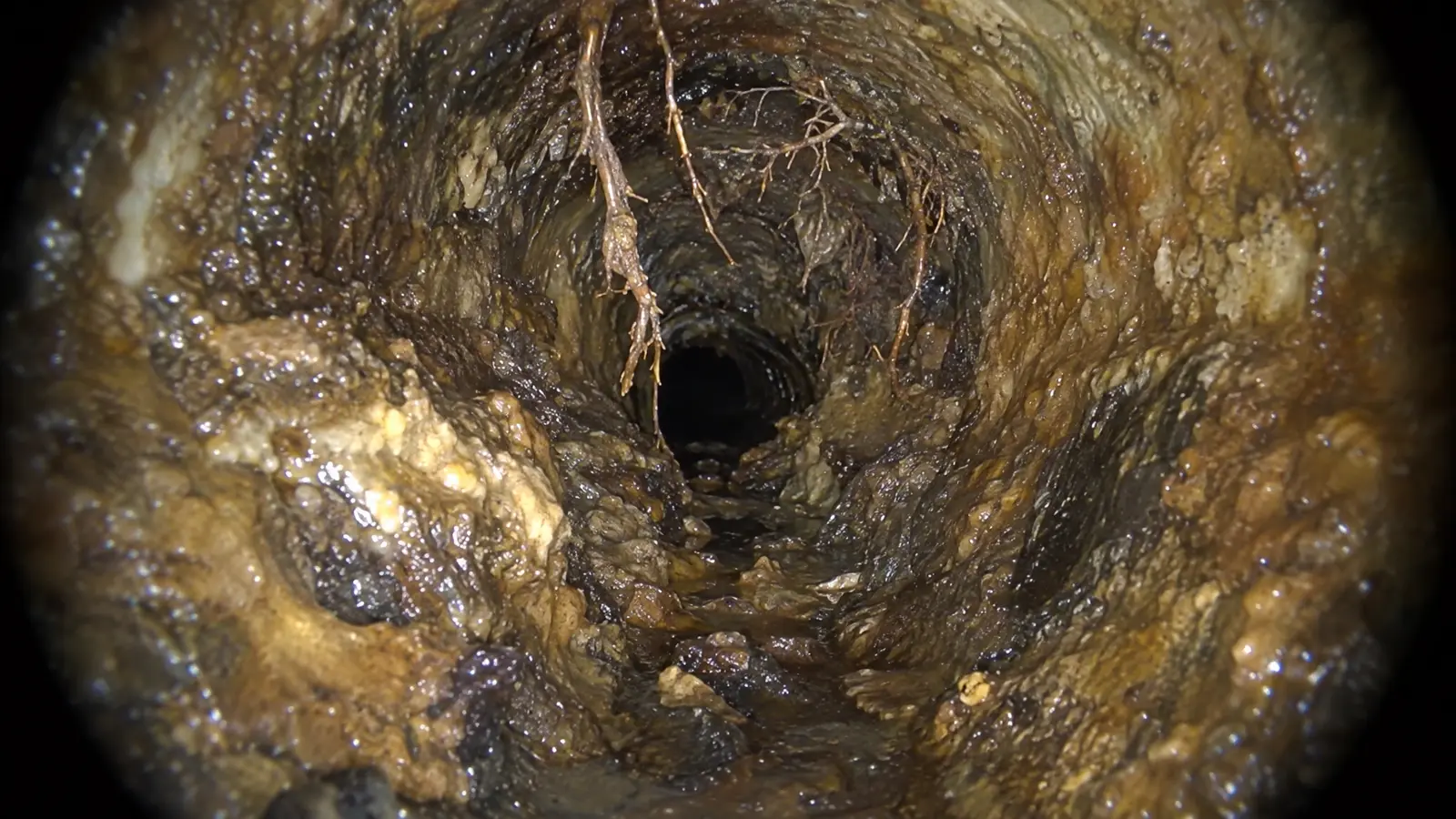Before: the inside of a sewer pipe with grease, debris and roots narrowing the pipe