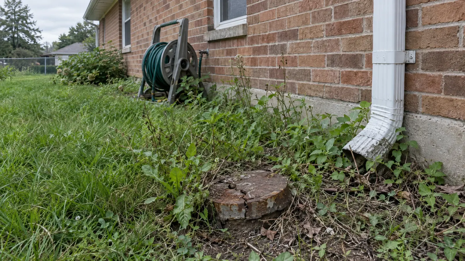 Before: the side of a house with an overgrown yard with a cracked old cap