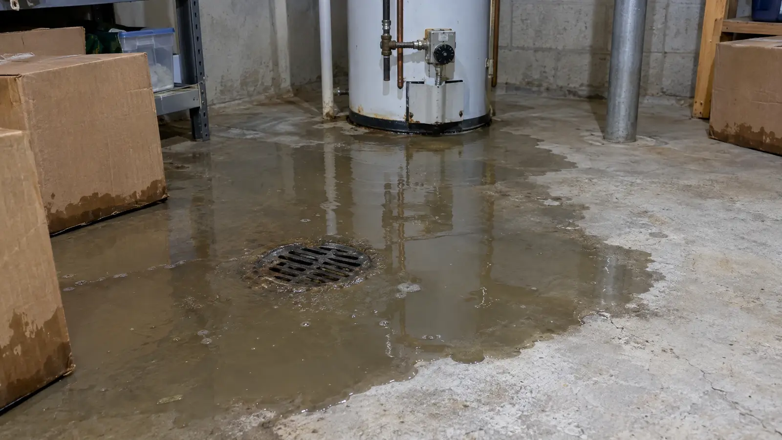 Before: a basement floor drain with a spreading puddle of backed-up water