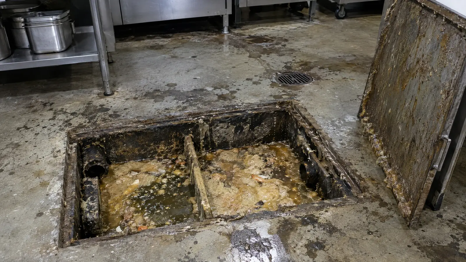 Before: a restaurant grease trap with a trap full of congealed grease