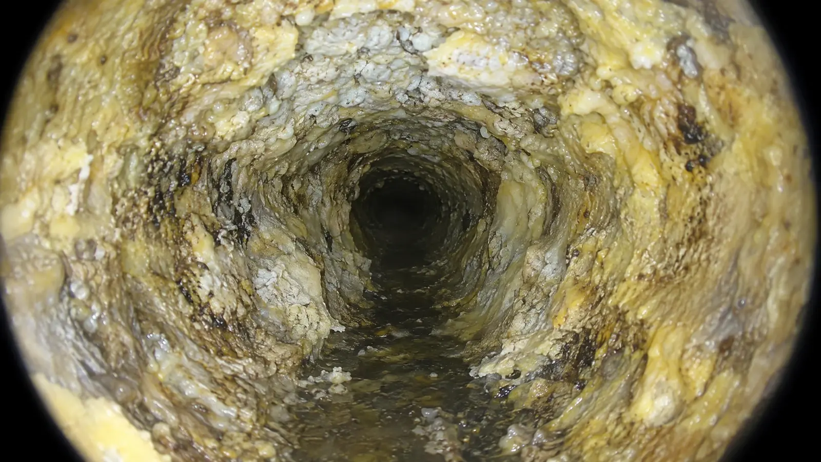 Before: the inside of a drain pipe with hardened grease and scale