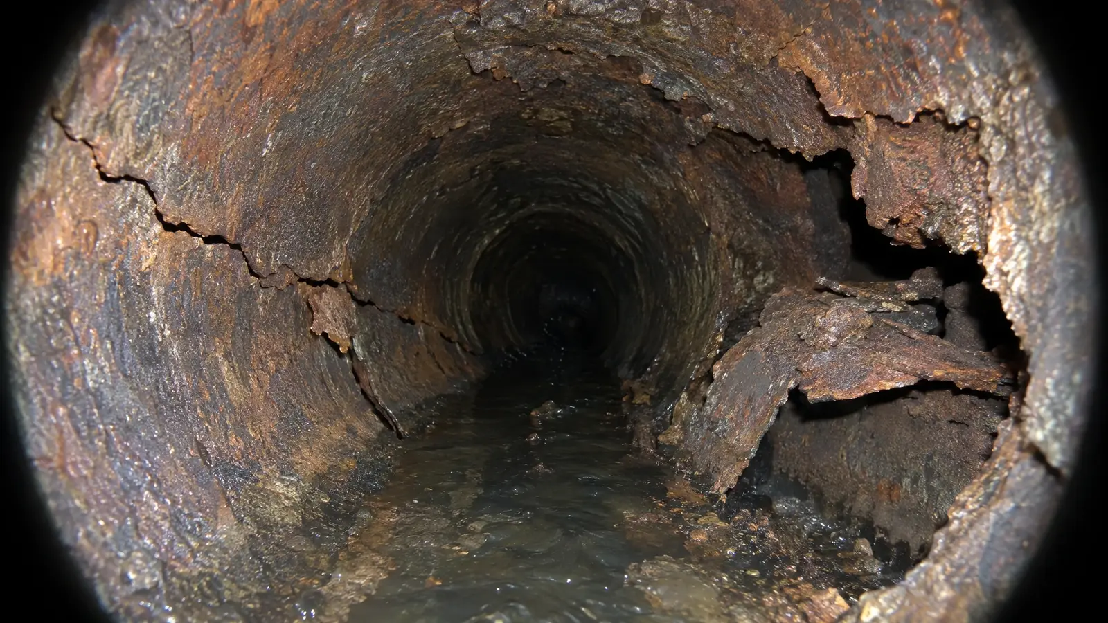 Before: a cracked cast iron pipe with cracks, rust and partial collapse