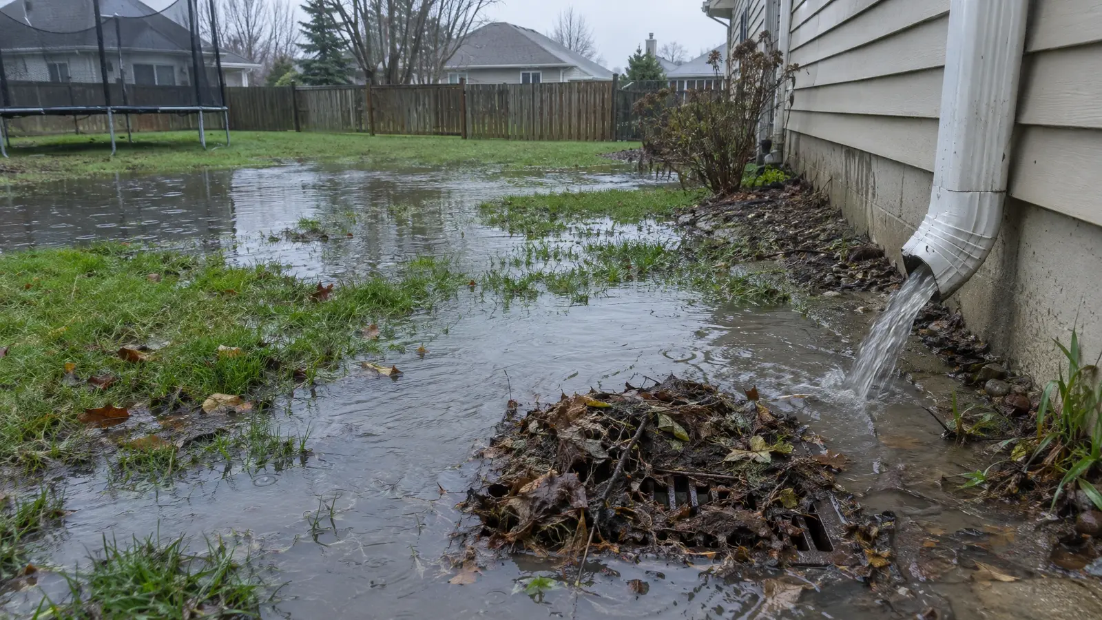 Before: a backyard with standing water and a leaf-clogged drain