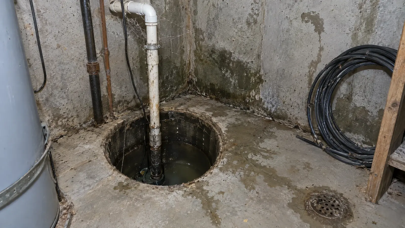 Before: a basement sump corner with an open, damp pit with no pump
