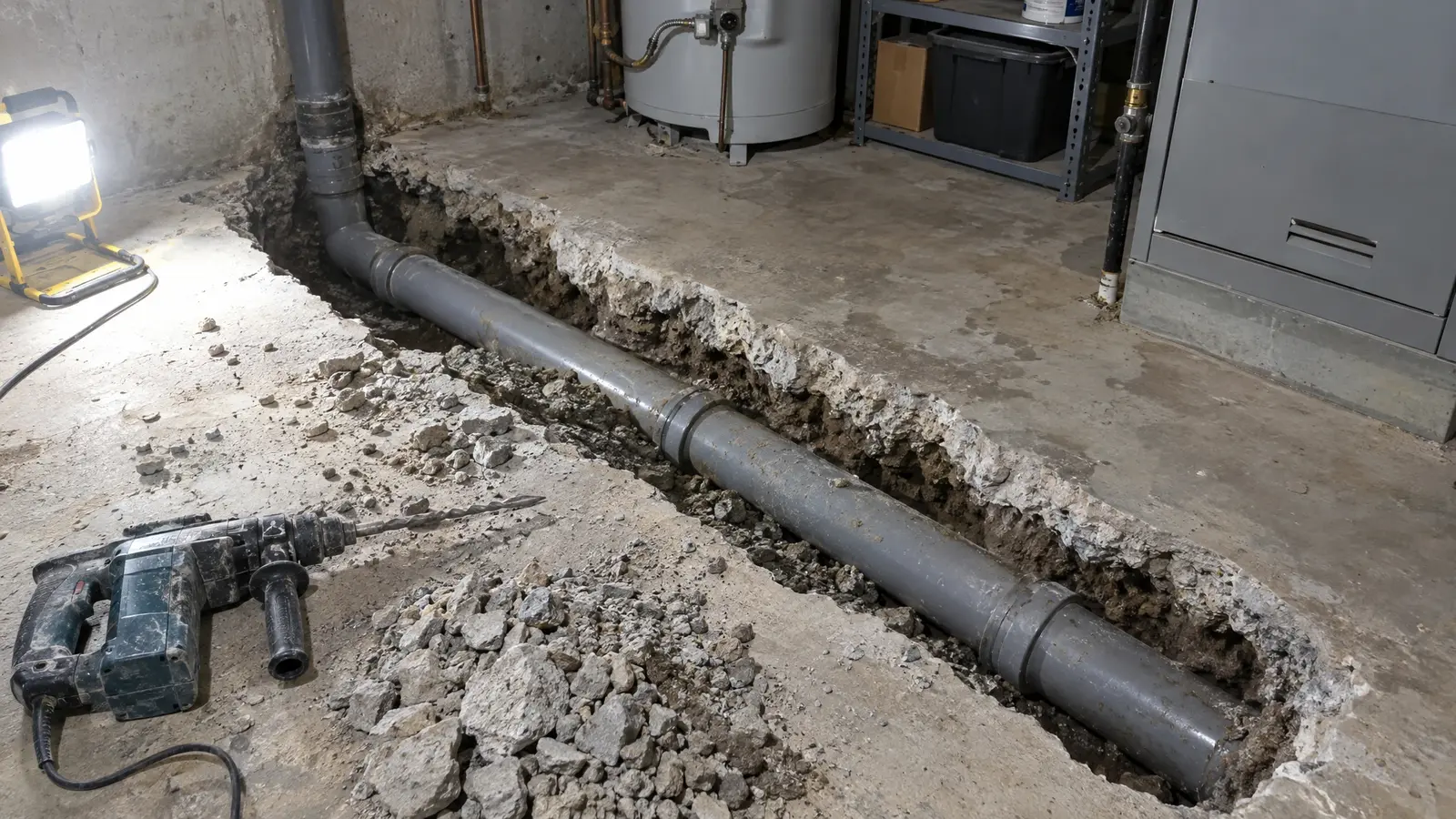 Before: a basement utility room with an open trench with an unprotected sewer line