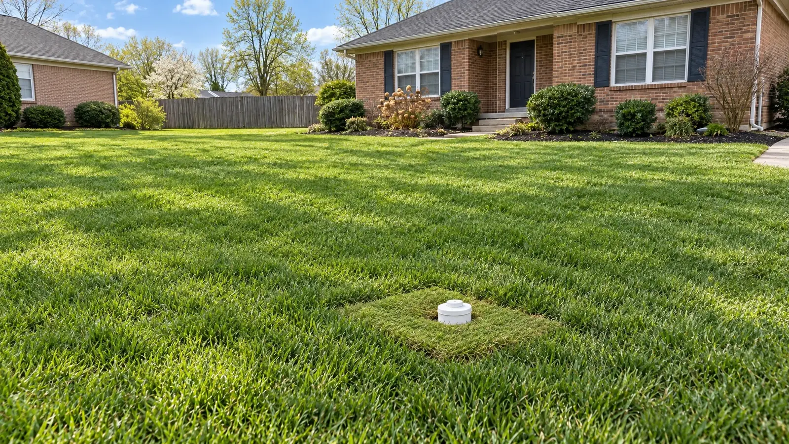 After: Sewer repair, lawn restored | Music City Drain After: a front yard with a lush green lawn with a new cleanout
