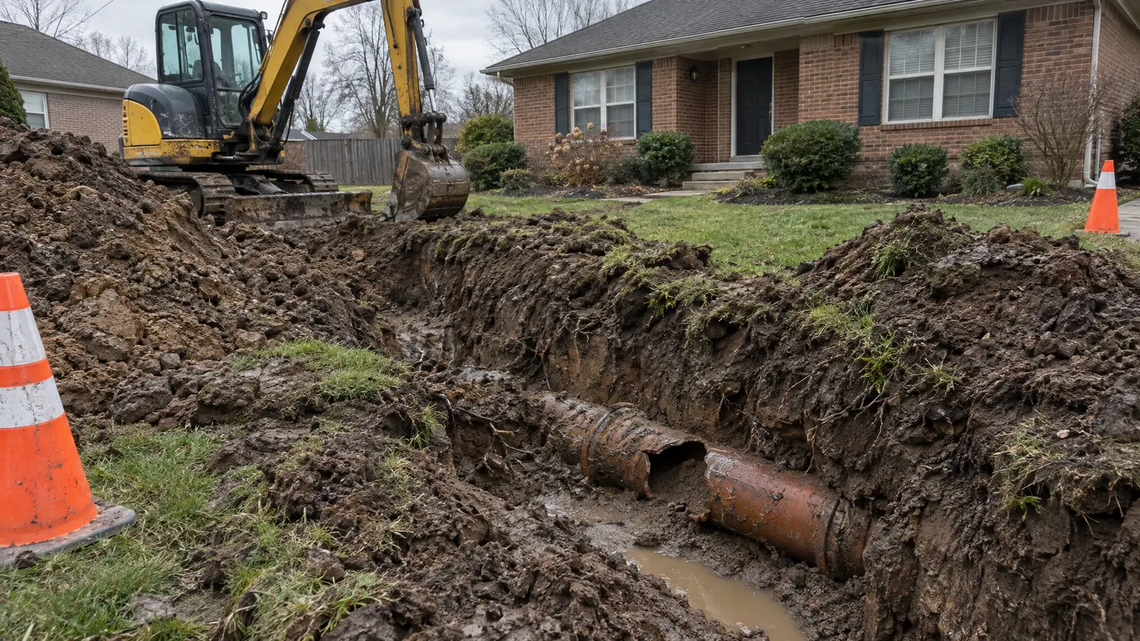 Before: a front yard with a deep muddy trench exposing a broken pipe