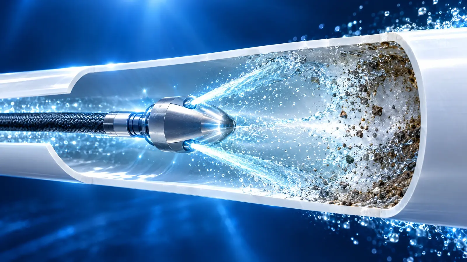 A cutaway view of a jetting nozzle clearing buildup from inside a pipe