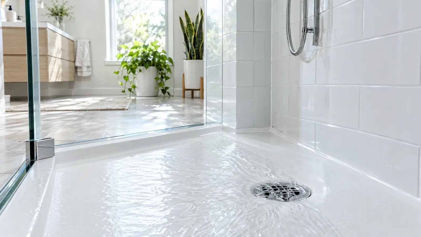 A bright shower with a clear floor drain