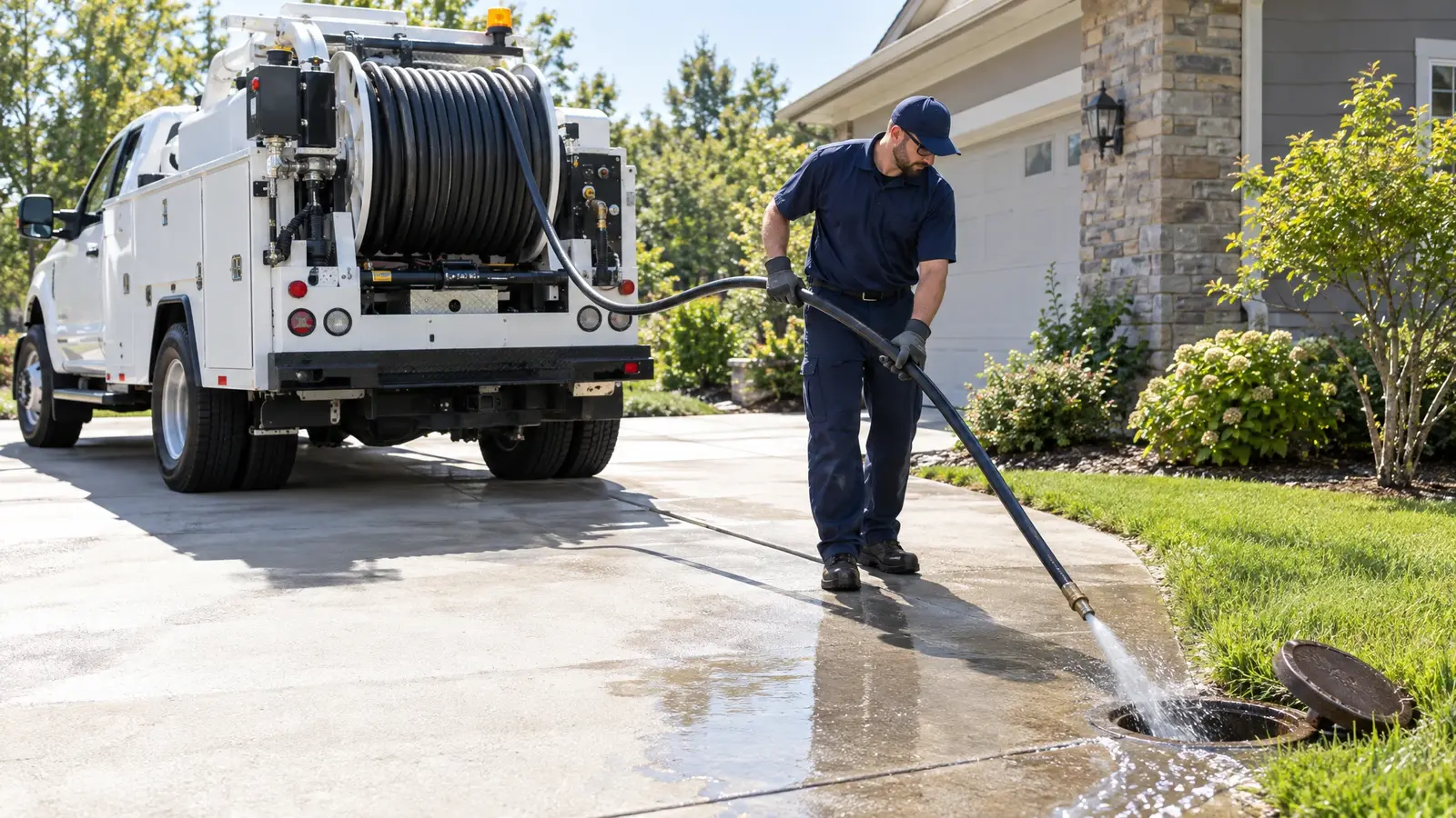 Hydro jetting a driveway cleanout from a truck with a hose reel