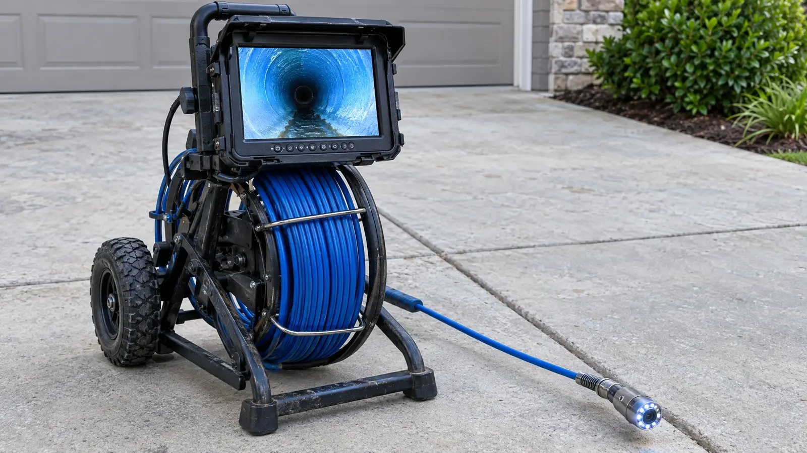A push camera reel and monitor ready for a sewer inspection