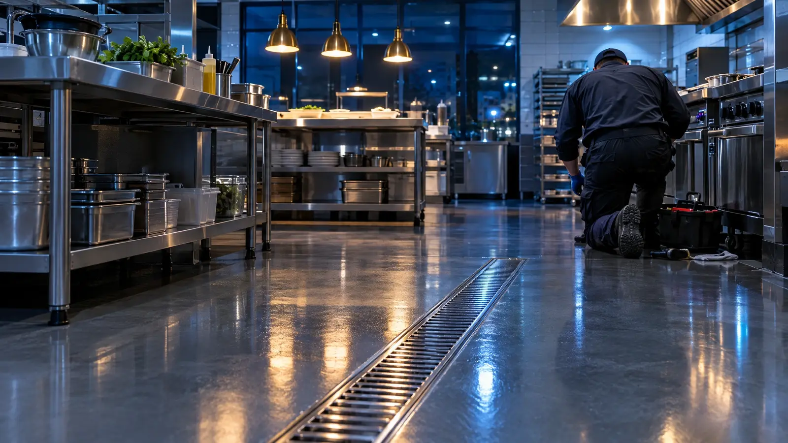 A plumber servicing a floor drain in a commercial kitchen at night