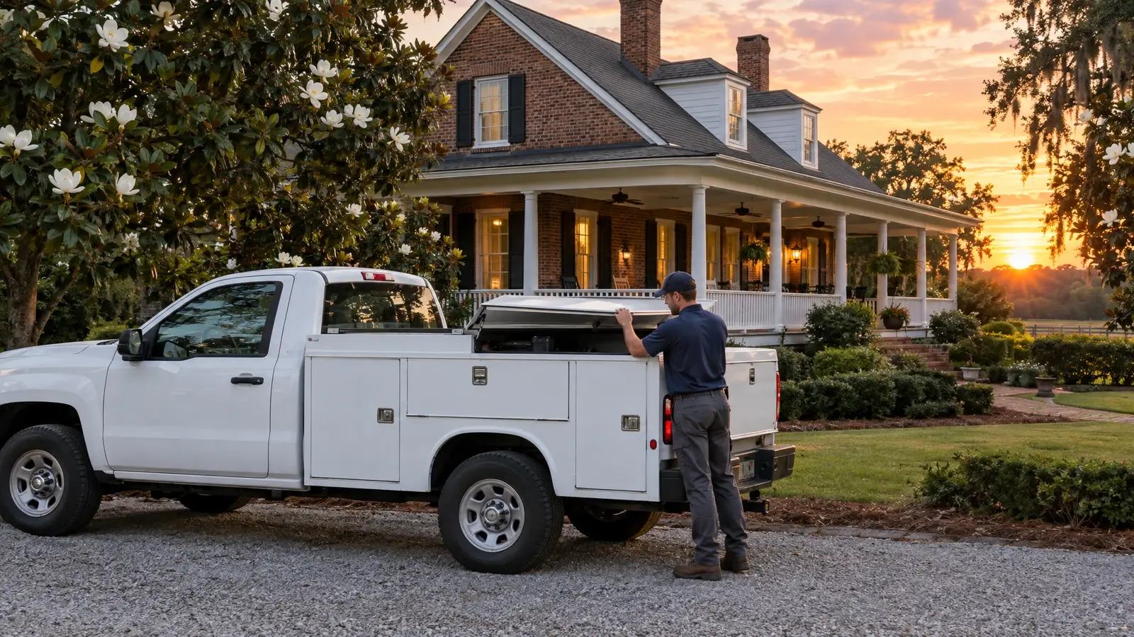 A white service truck at a brick home at sunset
