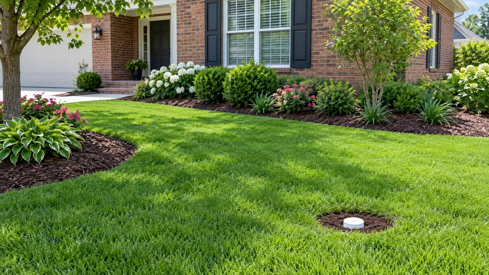 A restored green lawn with a neat new cleanout after trenchless lining