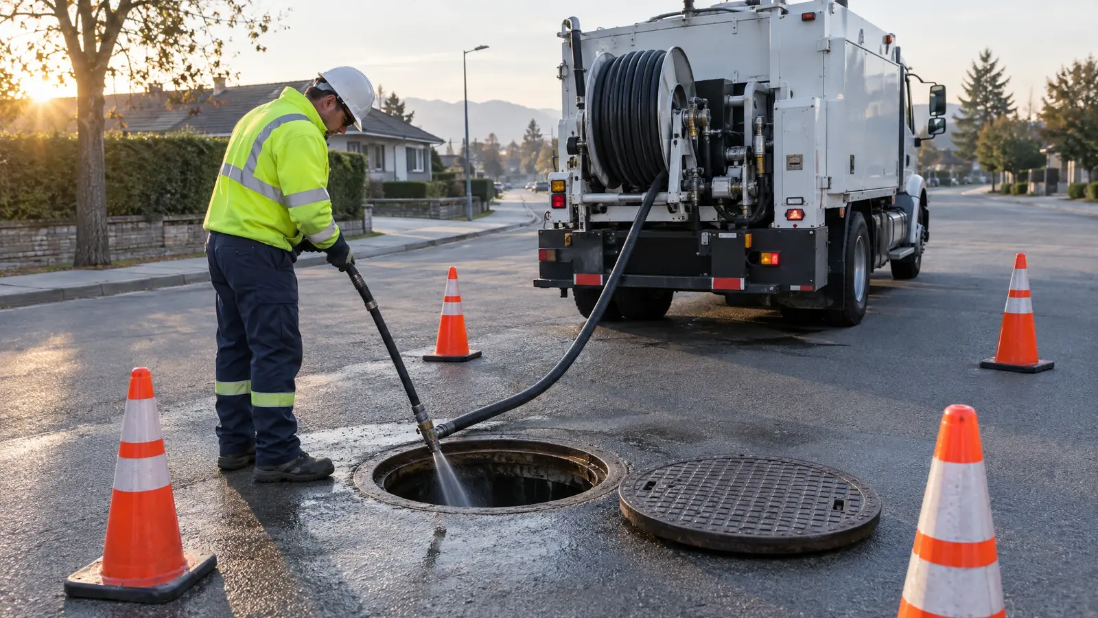 A technician jetting a storm manhole beside a vacuum truck