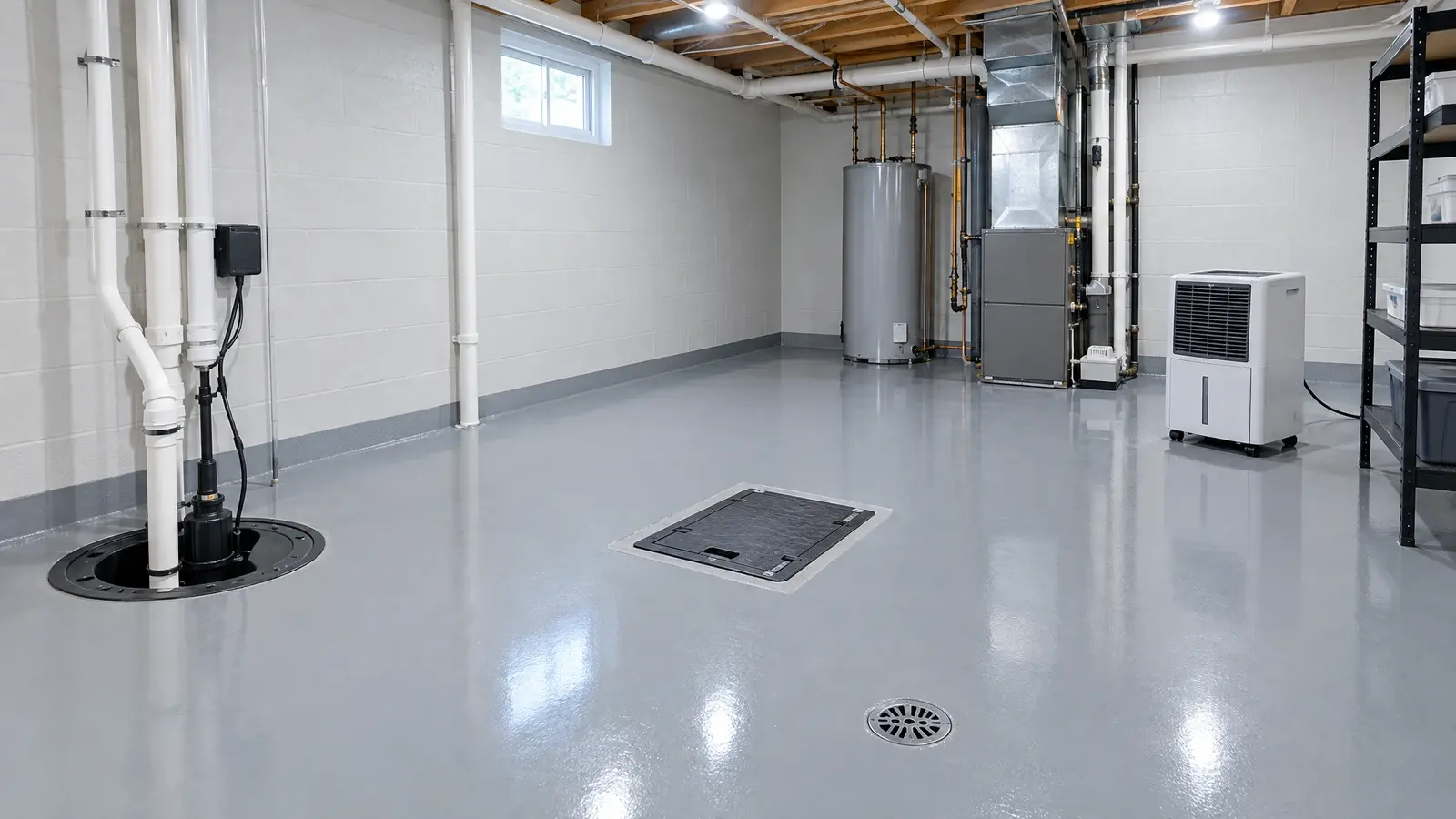 A clean basement utility room with a clear floor drain
