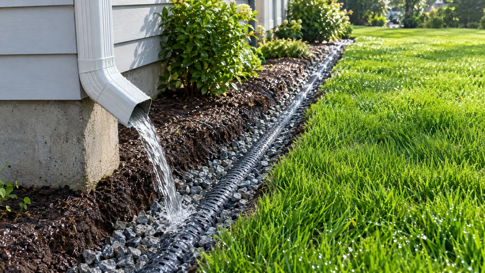 A downspout draining into a gravel French drain beside the lawn