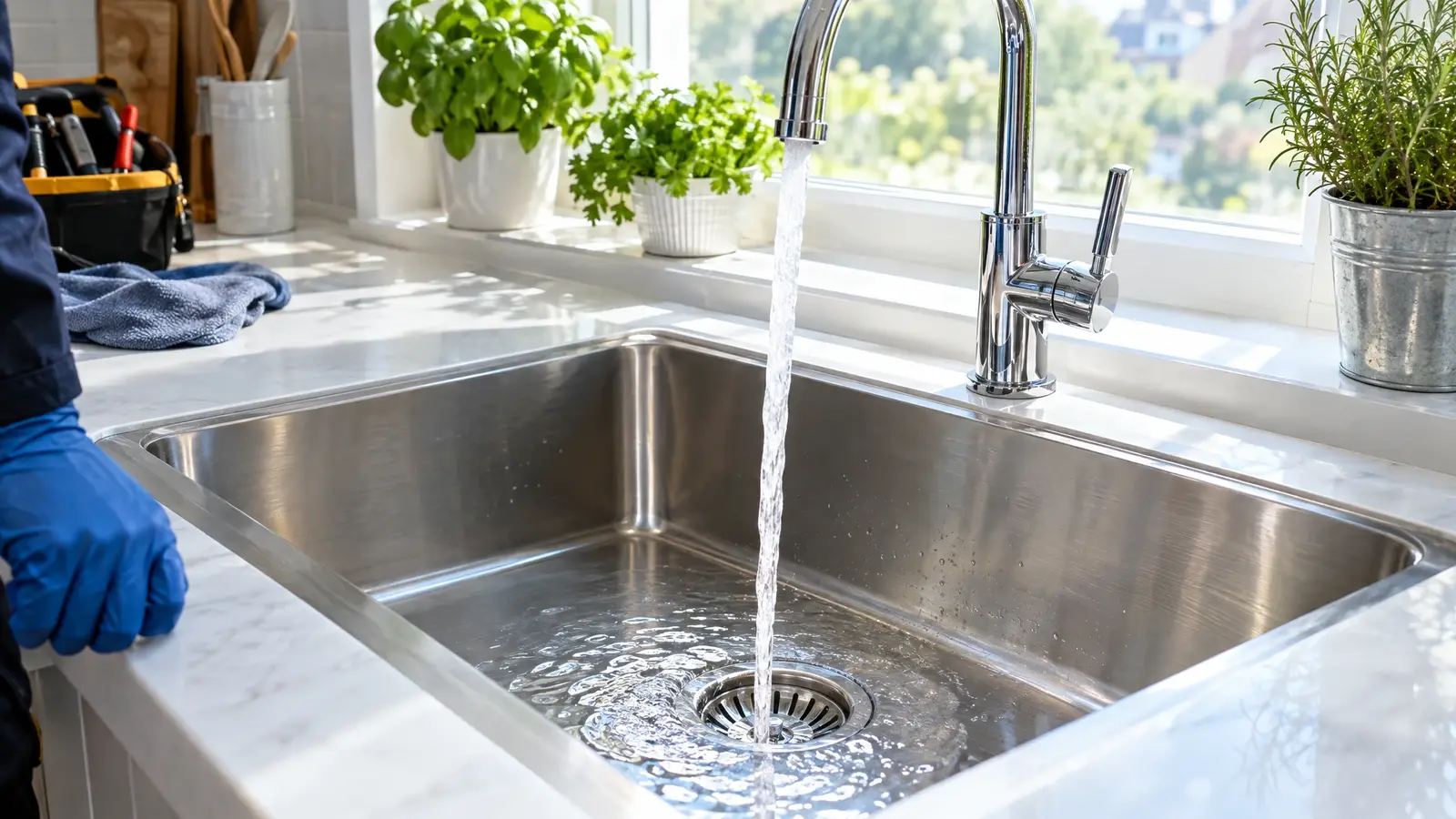 Water flowing freely down a clean kitchen sink drain