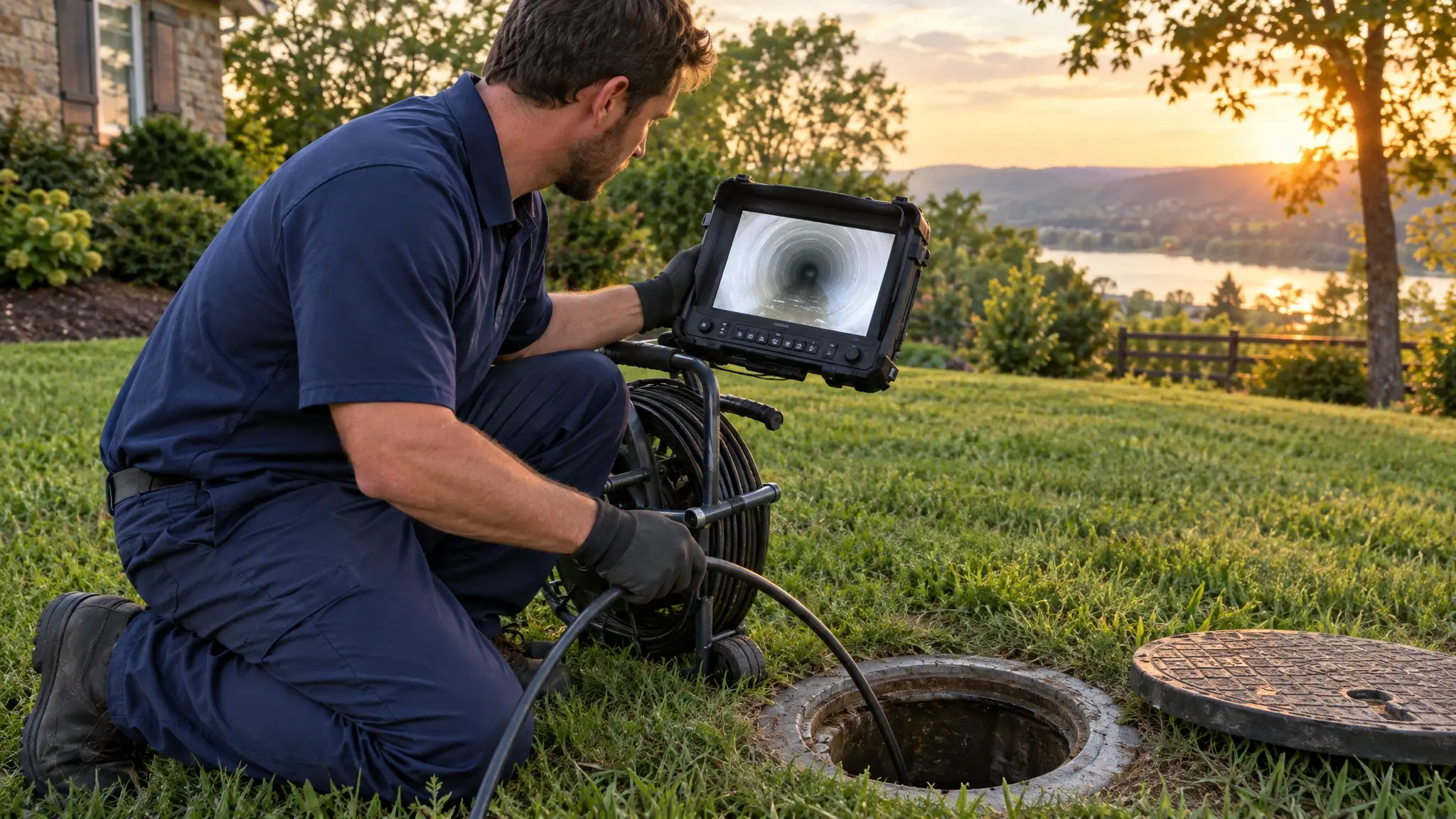 Sewer cameras | Music City Drain A technician kneeling at a sewer cleanout in a green lawn, watching a camera inspection monitor at sunset