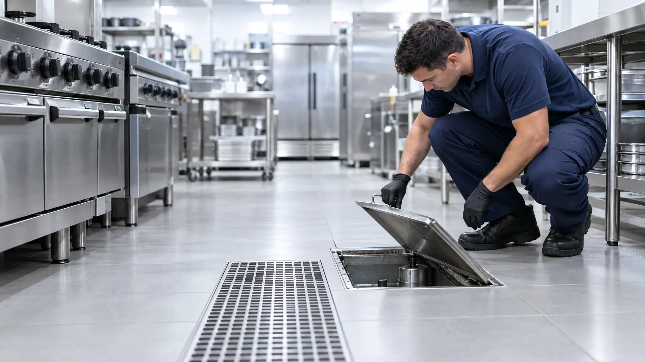 A plumber lifting a floor drain grate in a spotless commercial kitchen with stainless equipment