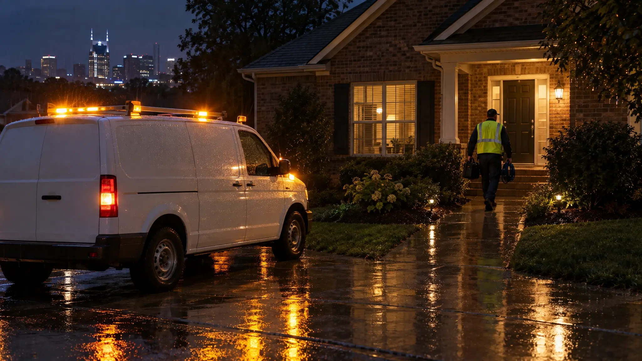A white service van with warning lights parked at a home on a rainy night as a plumber walks to the door