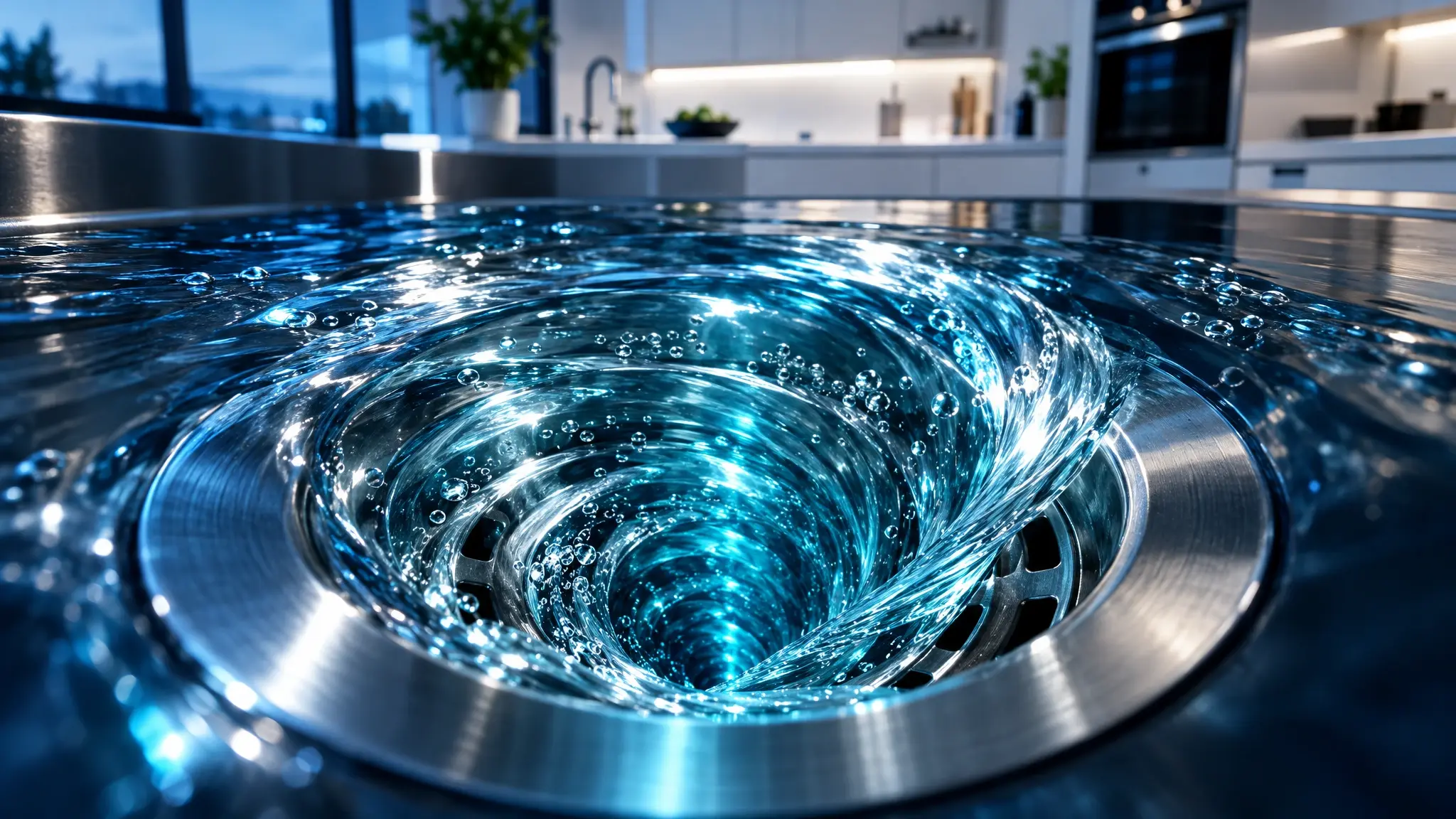 Music City Drain | drain cleaning in Nashville, TN Crystal-clear water spiraling down a spotless stainless steel drain with blue light
