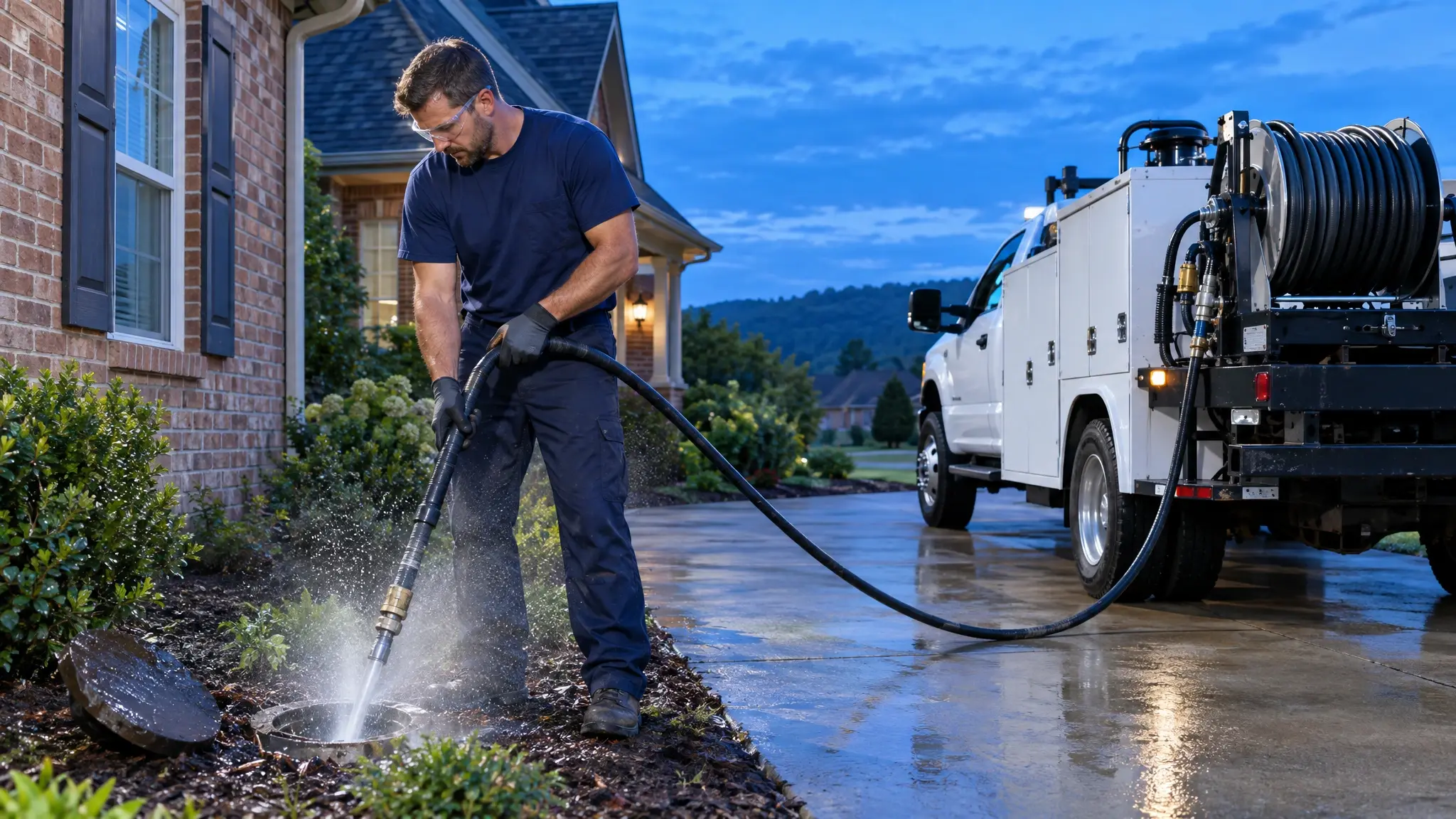 Hydro jetting | Music City Drain A plumber in a navy uniform running a hydro jetting hose into a cleanout beside a white service truck at a brick home