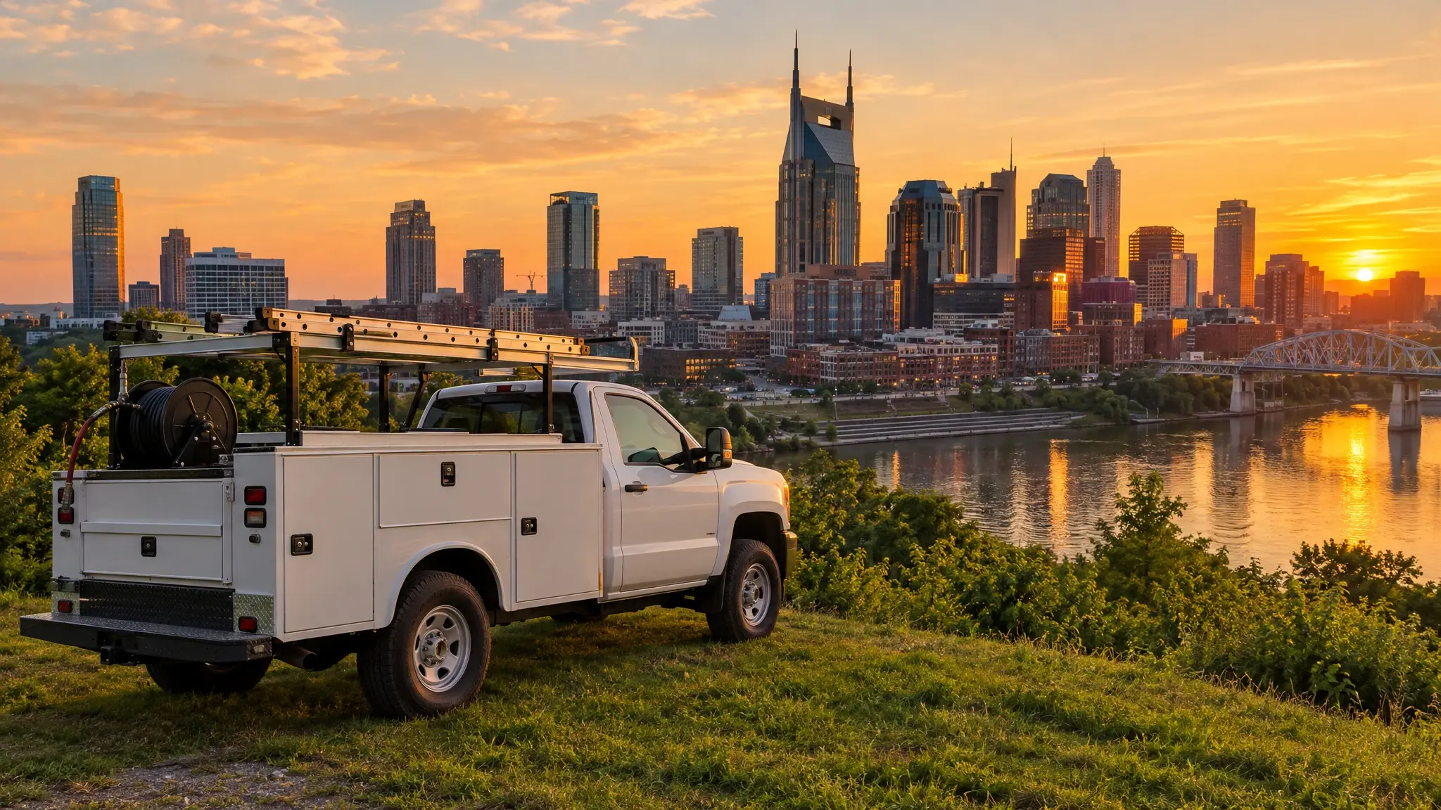 A white drain service truck on a hillside with the Nashville skyline glowing at sunset