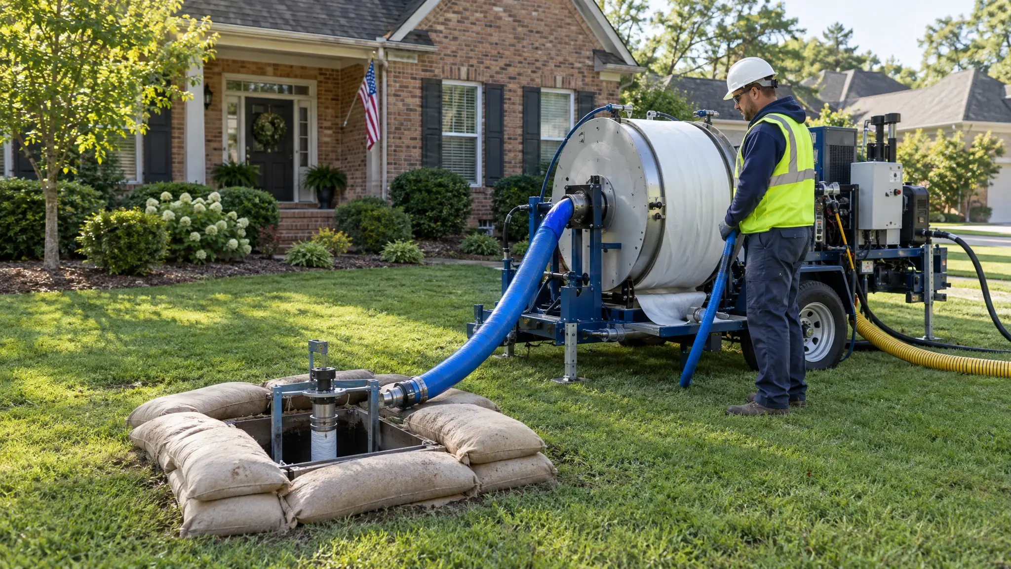 A technician with a lining reel and blue hose beside a trenchless access pit in a green lawn
