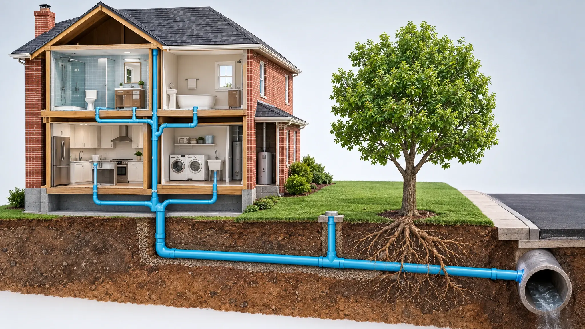 A cutaway illustration of a two-story house showing the plumbing, the sewer line and a tree with roots reaching the pipe