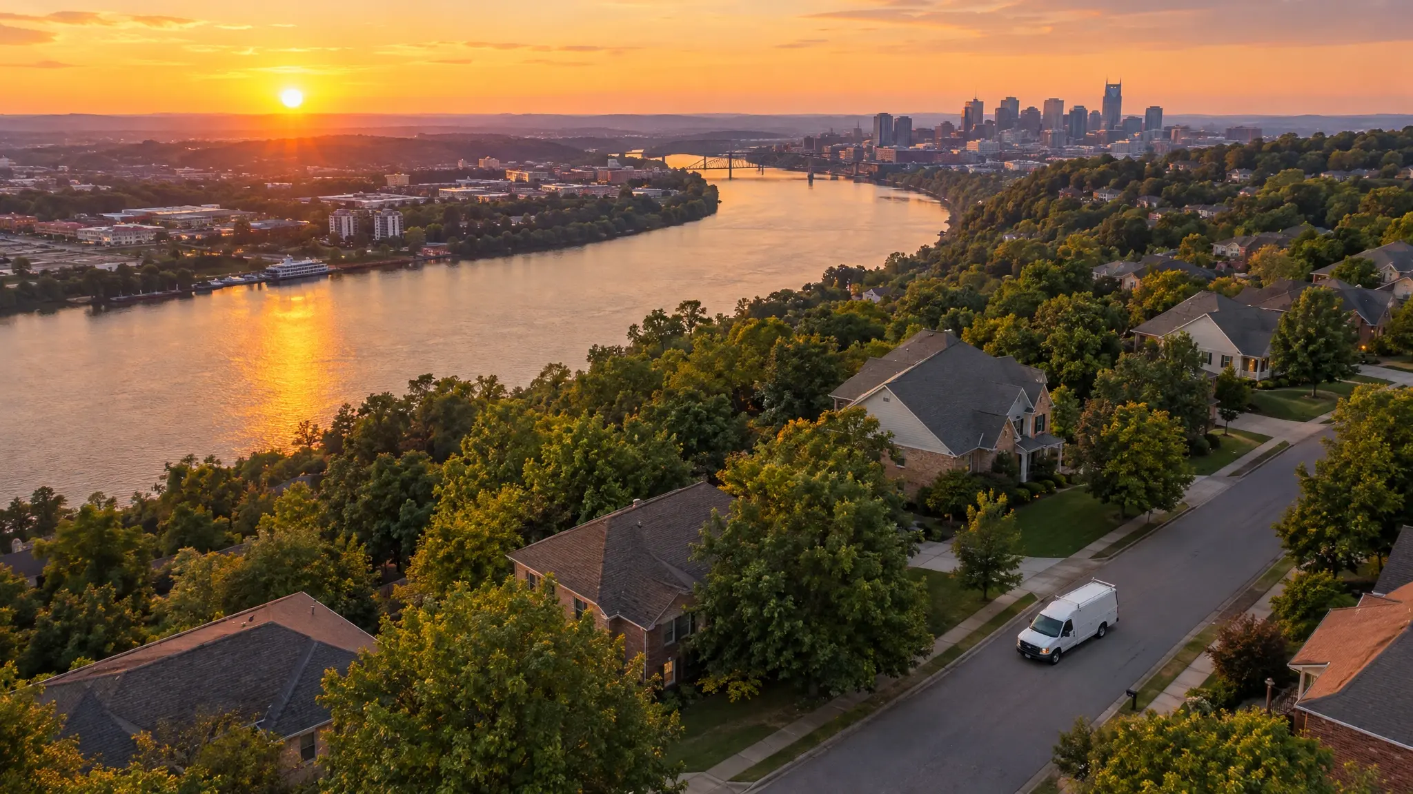 Aerial view of the Cumberland River and Middle Tennessee farmland at sunset