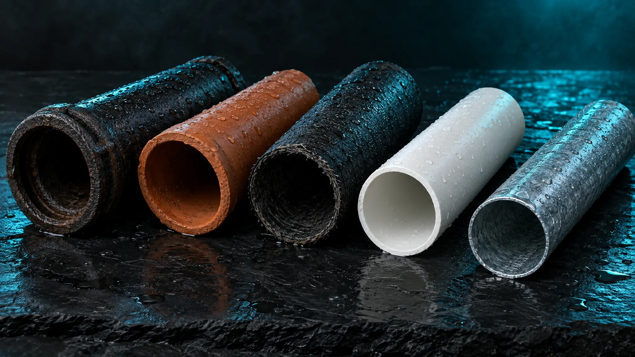 Drain problems, pipes and methods | Music City Drain Black cast iron, orange Orangeburg, black ABS and white PVC pipe sections lit with blue light