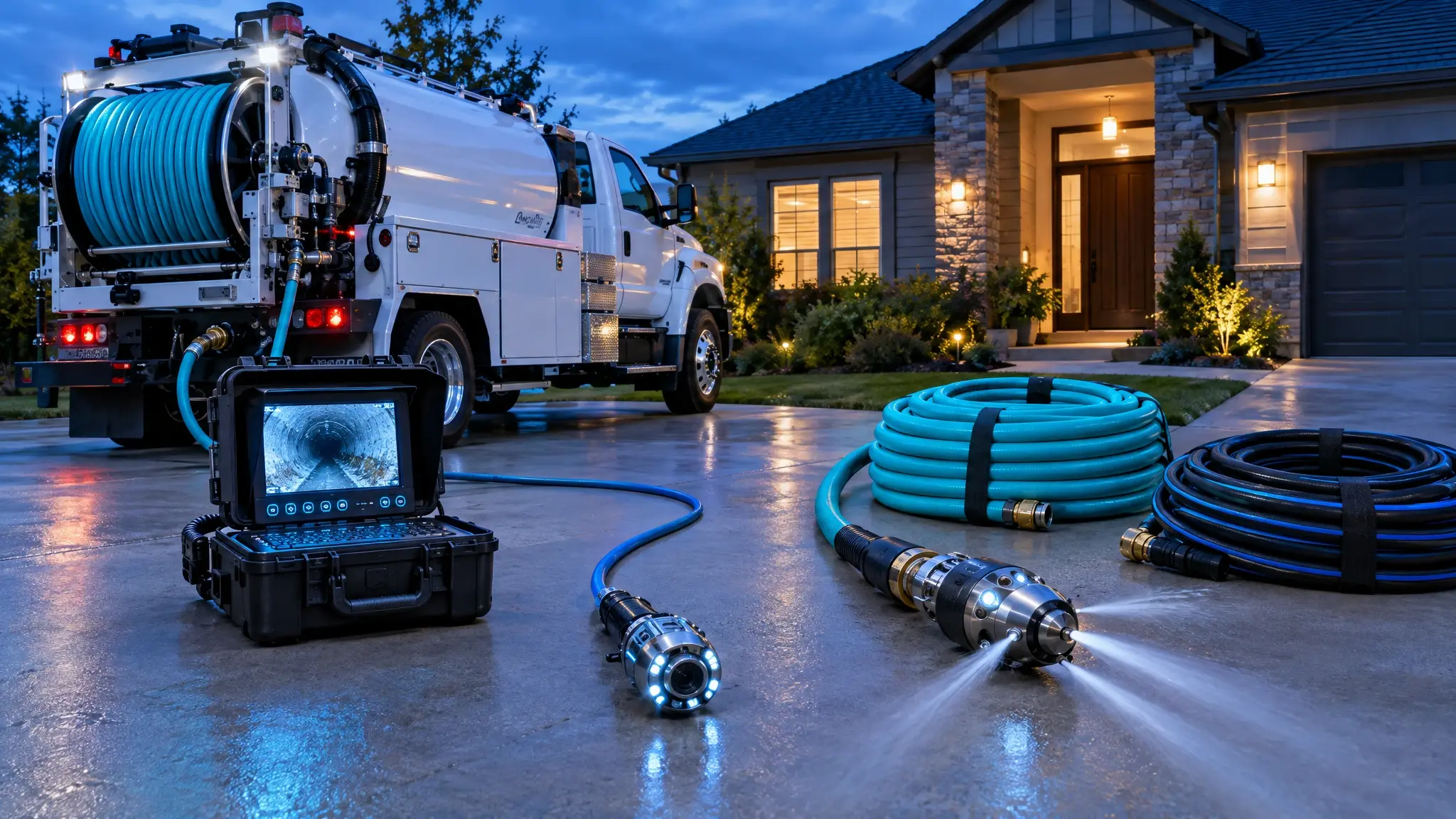 A drain service truck with hoses and a camera reel parked in front of a home at dusk