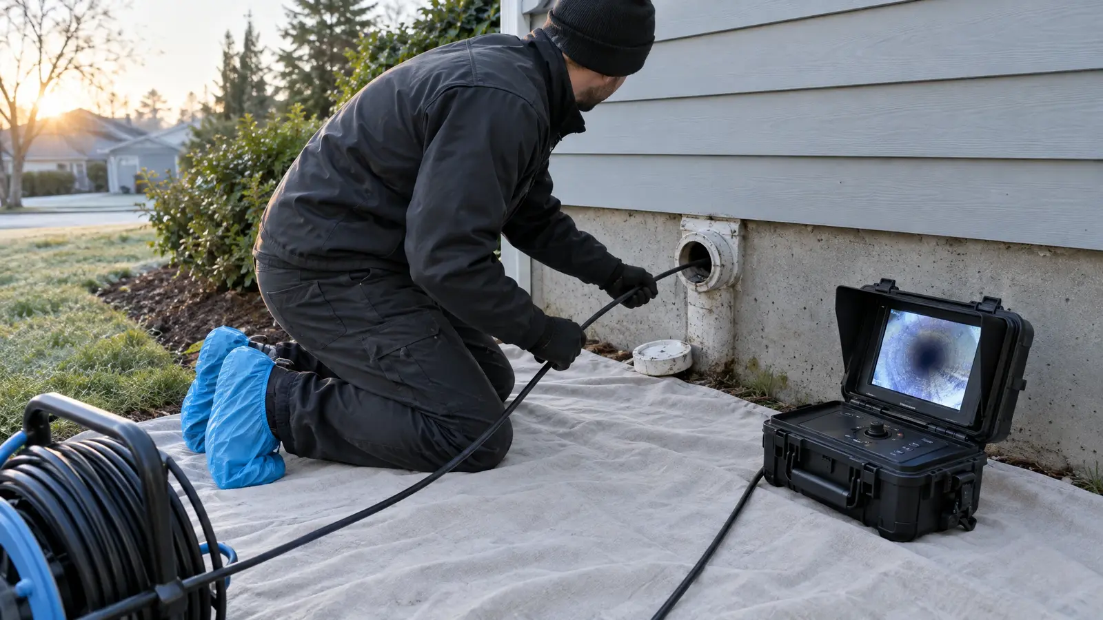 A technician kneeling beside a house with a camera reel and monitor at an exterior cleanout