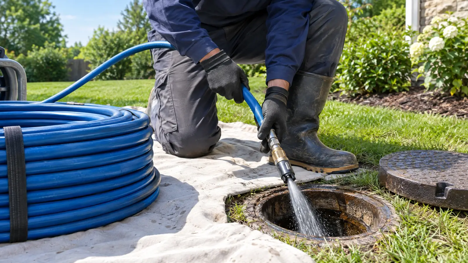 A plumber feeding a blue hose into an open sewer cleanout in a green lawn