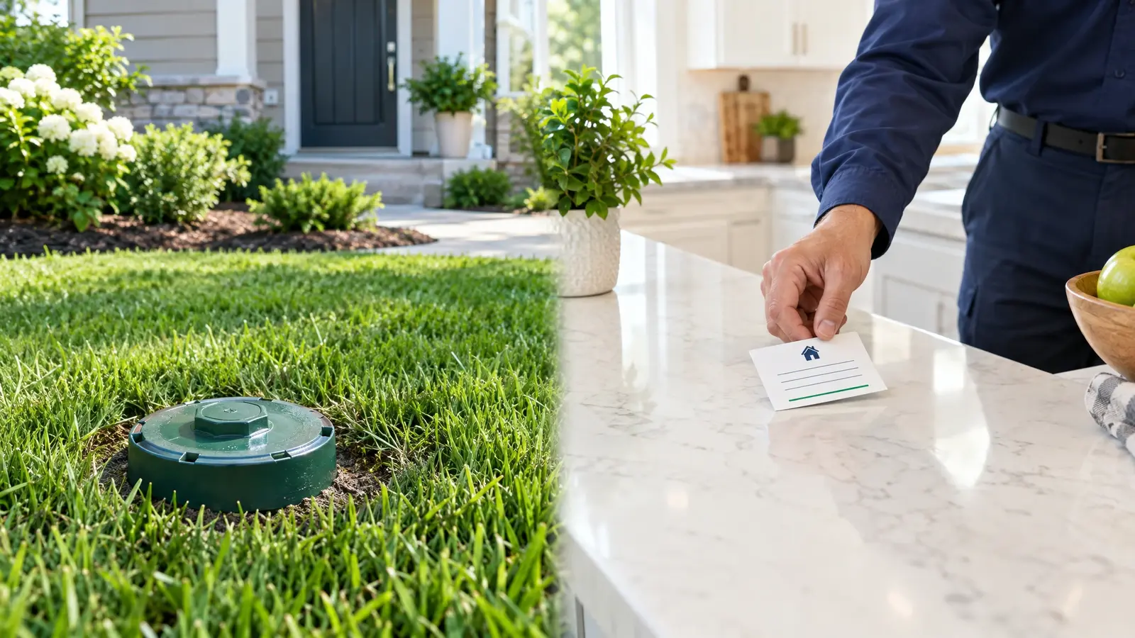 A new green cleanout cap in a tidy lawn with a plumber leaving a care sheet on a counter