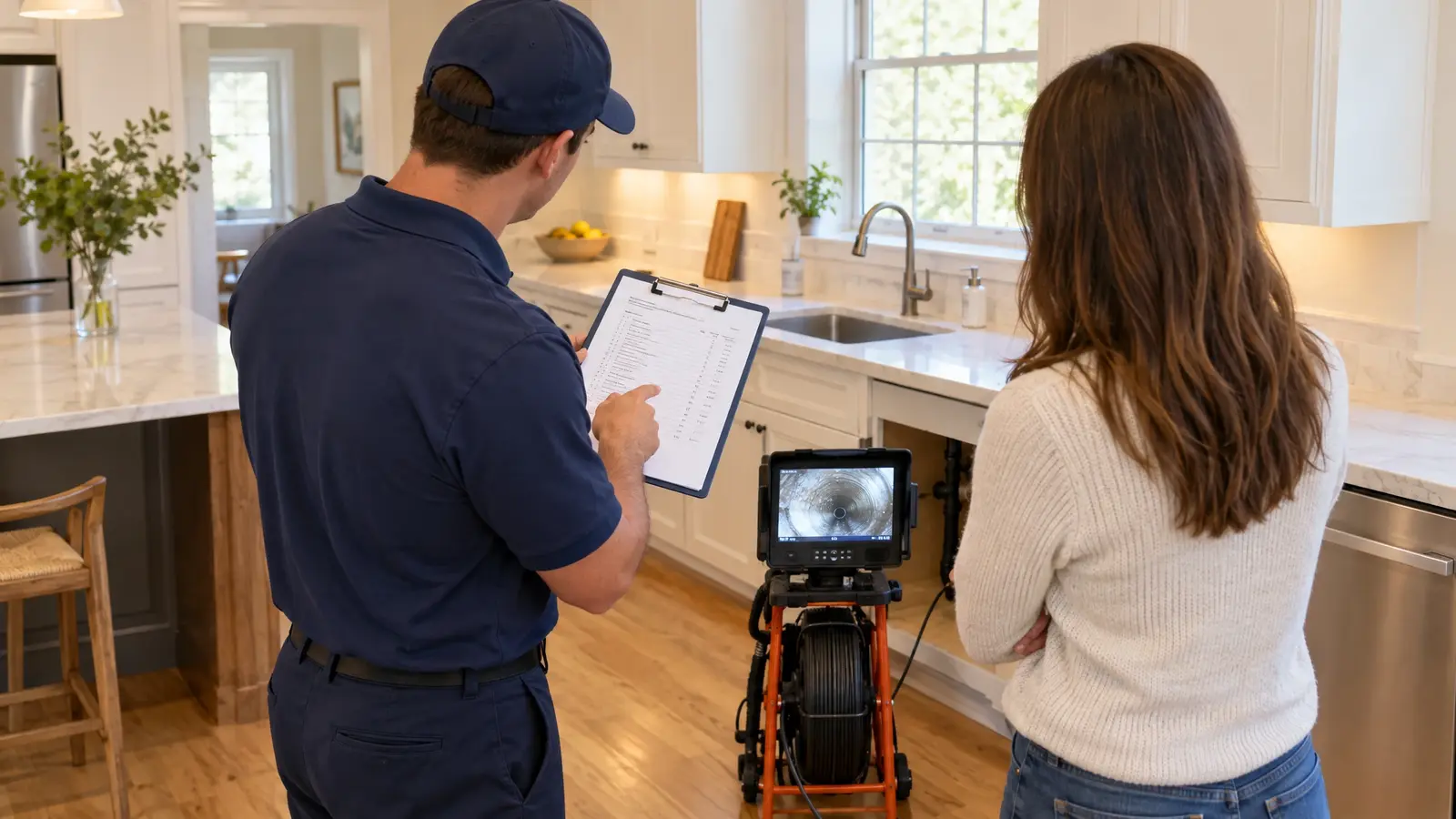A plumber reviewing a written quote on a tablet with a homeowner in a bright kitchen