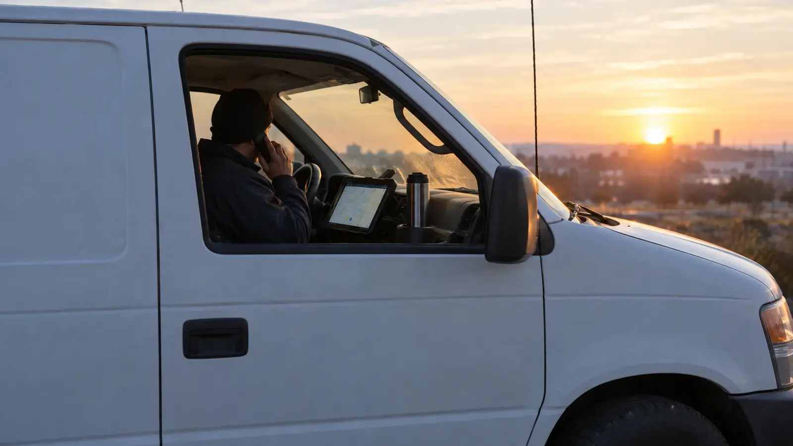 A plumber in a white van taking a call at sunset with a tablet on the dash