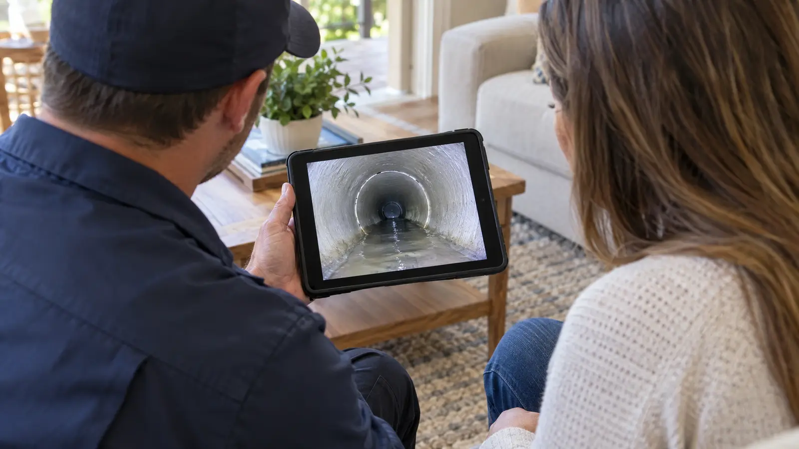 A technician showing a homeowner the clean pipe on a tablet after the work